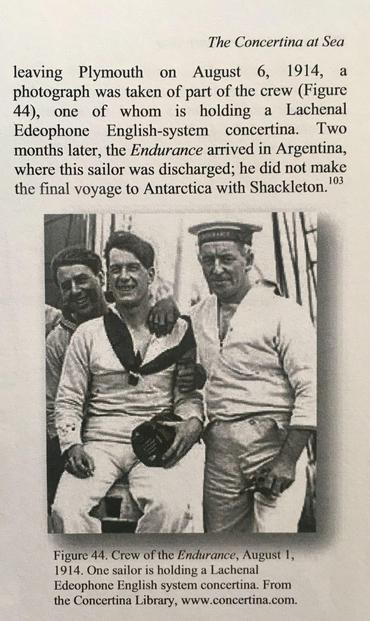Sailor on Shackleton‘s ship in 1914 on the way to Antarctica, he was discharged in Argentina. Seen here in sailor suit holding his concertina. with other sailors. 