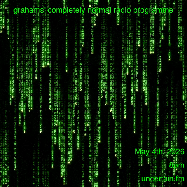 Falling Green Matrix Text.

Green text overlaid promoting a radio show, details in the main post.