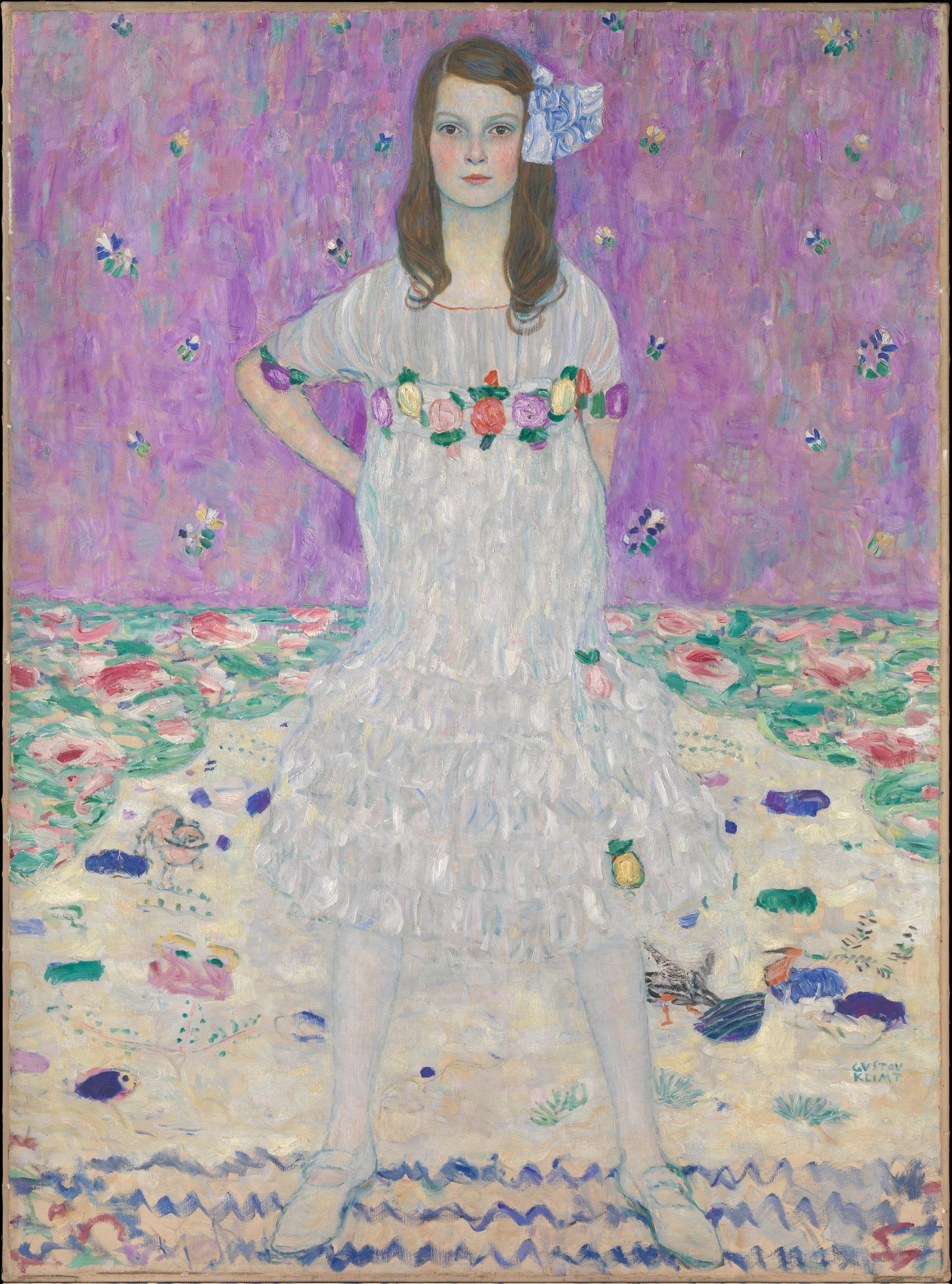 An oil painting of a young girl standing with her hands on her hips against a purple, patterned background. She wears a white, tiered ruffle dress accented with a colorful floral belt and a blue bow in her hair. The floor beneath her is a mix of light colors with abstract floral and geometric shapes.