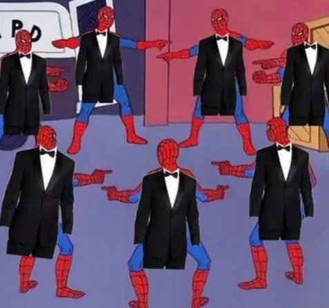 An edit of the Spider-Man pointing at Spider-Man meme, featuring seven Spider-Man figures standing in a circle and pointing at one another. Each figure has a black tuxedo jacket and bowtie superimposed over their chest.