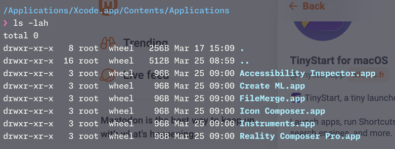 Terminal window showing an `ls -lah` listing of Xcode app tools over a webpage about “TinyStart for macOS.”
