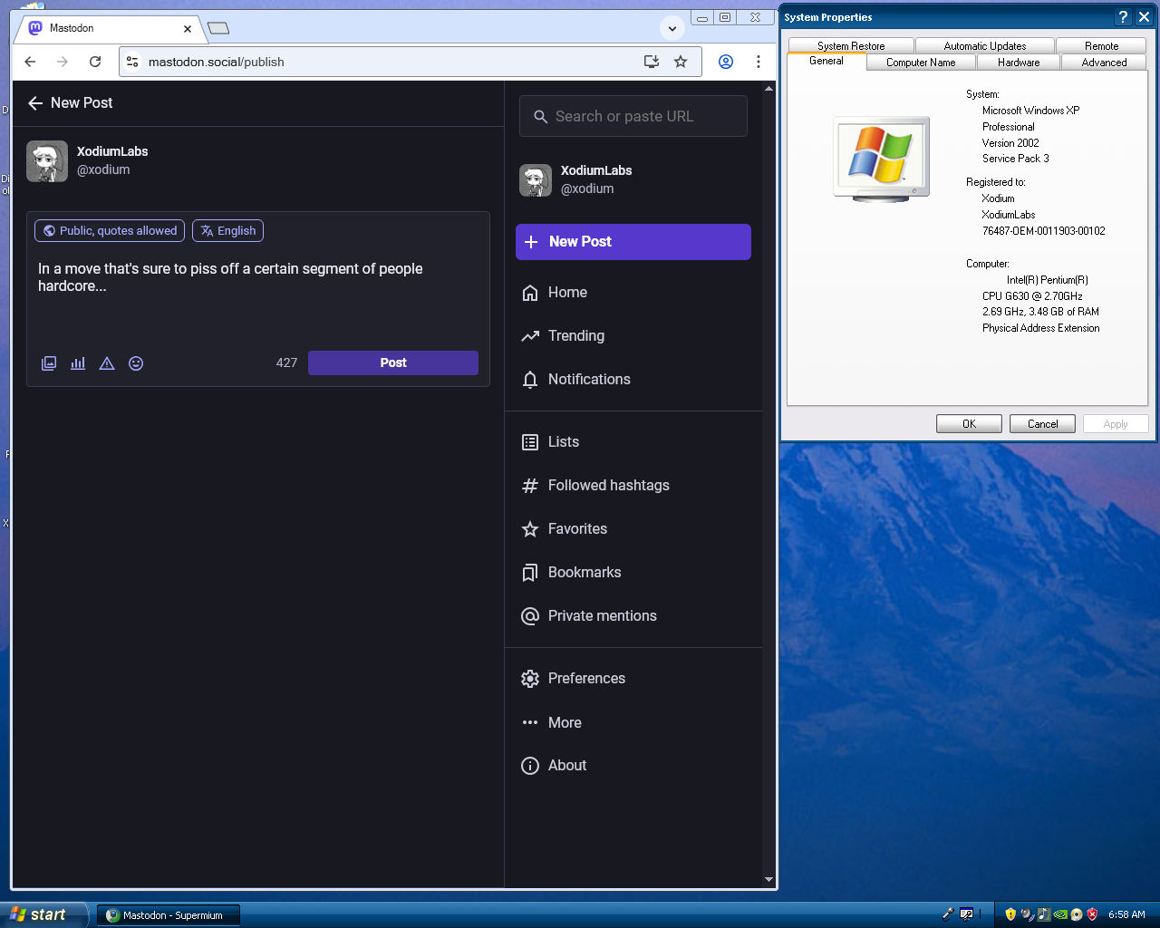 Posting to Mastodon from Windows XP SP3.