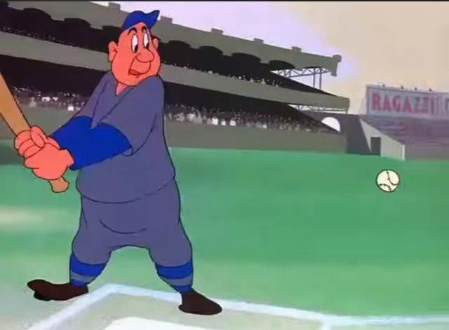 Video clip from Looney Toons cartoon “Bugs at bat” showing an immensely slow baseball passing three batters in succession as each swings three times at the ball, while an umpire says “1, 2, 3 strikes, you’re out!” and the last batter throwing his bat down on the ground in frustration.