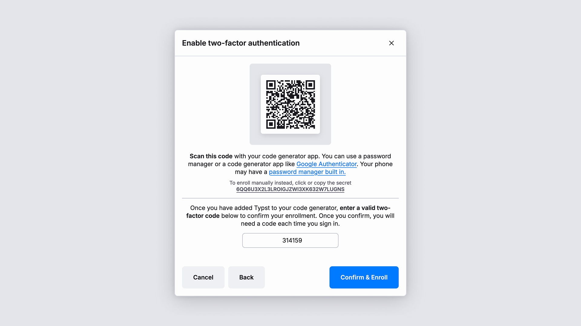 Modal "Enable two-factor authentication" with an enrolment QR code and a text field to enter a code.