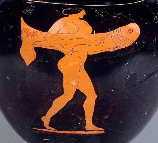 Red-figure vase painting of a nude woman carrying a giant penis.