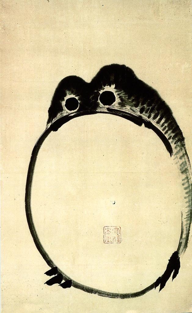 An abstract ink drawing of a round shape resembling a frog's face, featuring two circular eyes and a simple, curved line forming the body. The artwork has a subtle, textured background with a red seal mark at the bottom.