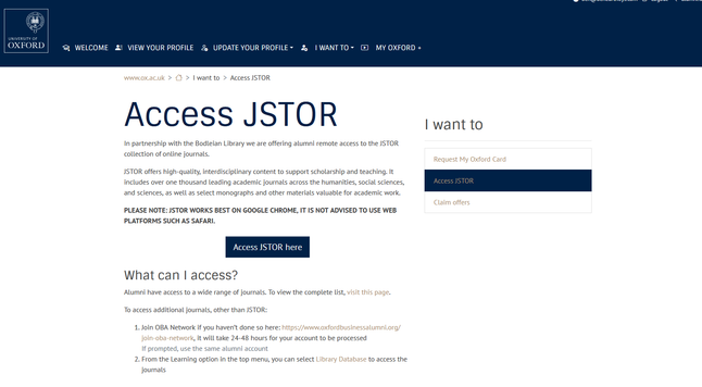 Screenshot of a webpage telling me how to get onto JSTOR.