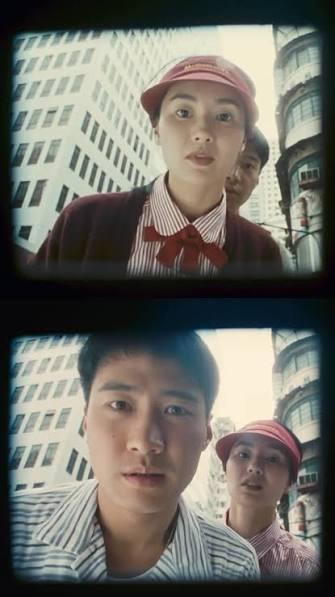 Two shots from a movie. Both POV of an ATM, both showing Chinese woman and man. First one the woman is in front, man peeking from behind her; second one the reverse. Woman is wearing a Macdonald's uniform.