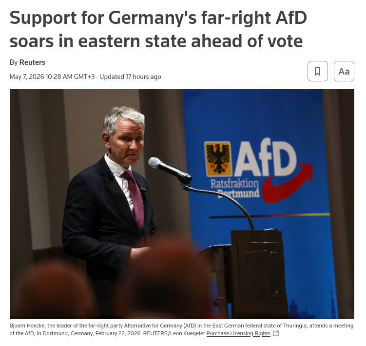 Germanys Alternative for Germany (AfD) is on track to become the strongest party in an eastern ​state election in September, a poll showed on ‌Thursday, raising the prospect of the far-right party leading a regional government for the first time. #Russia #EU #Germany #AfD