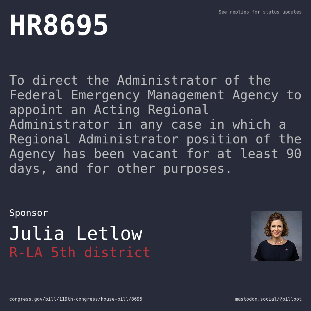 Description of HR8695, and a depiction of its sponsor, Julia Letlow.