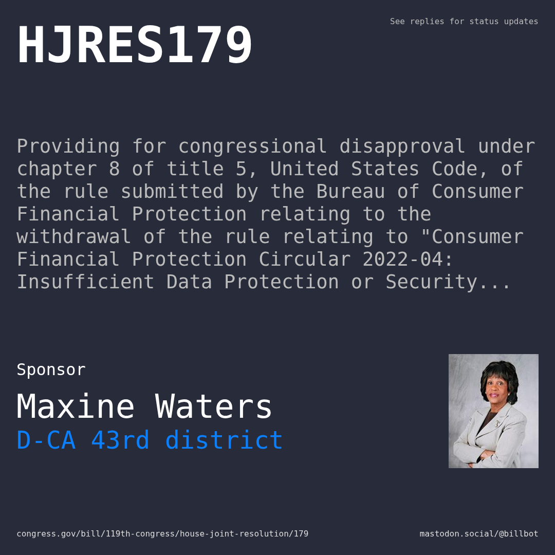 Description of HJRES179, and a depiction of its sponsor, Maxine Waters.