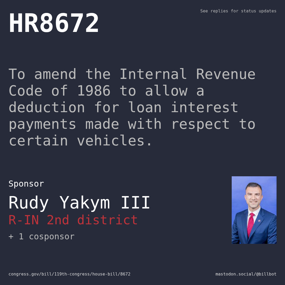 Description of HR8672, and a depiction of its sponsor, Rudy Yakym III.