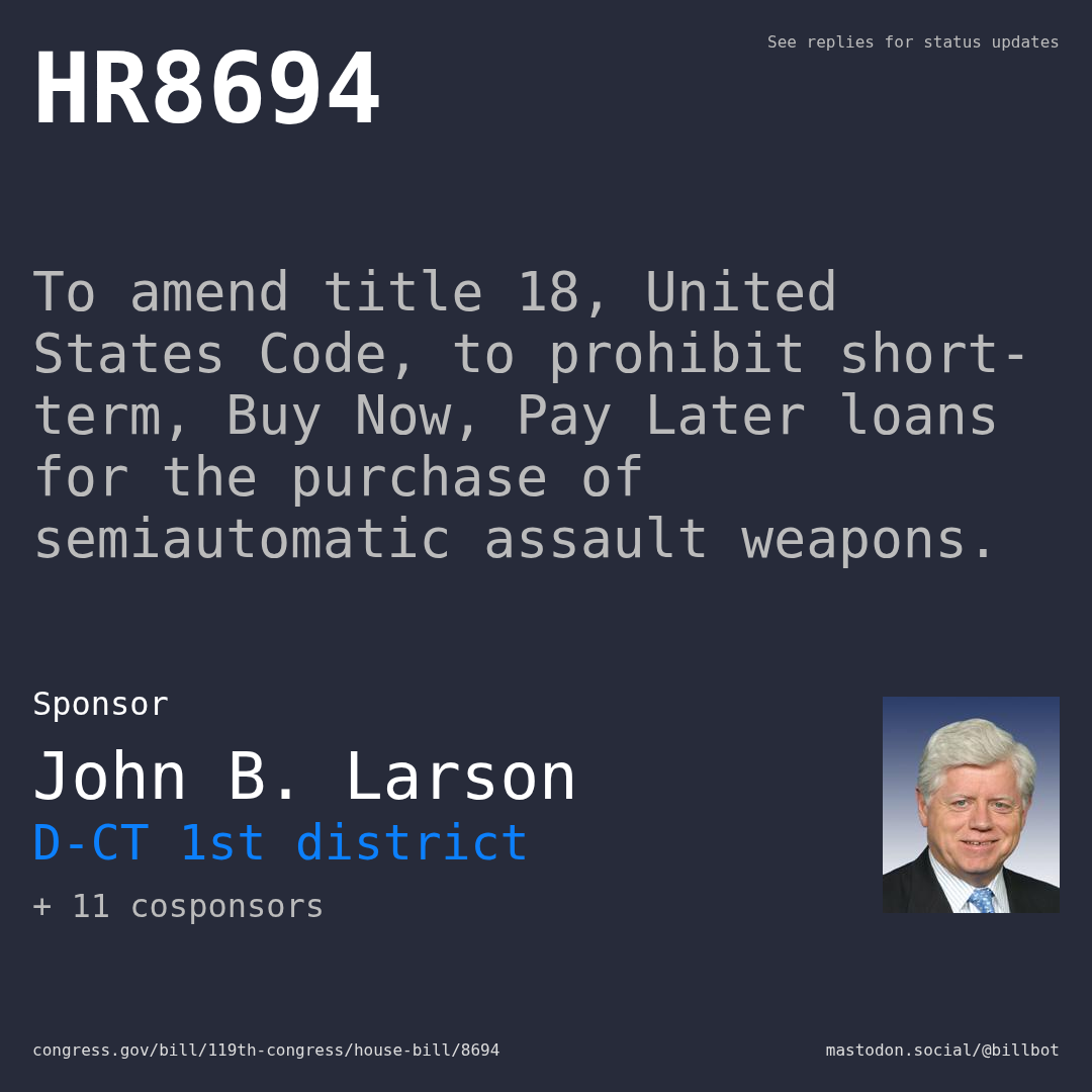 Description of HR8694, and a depiction of its sponsor, John B. Larson.