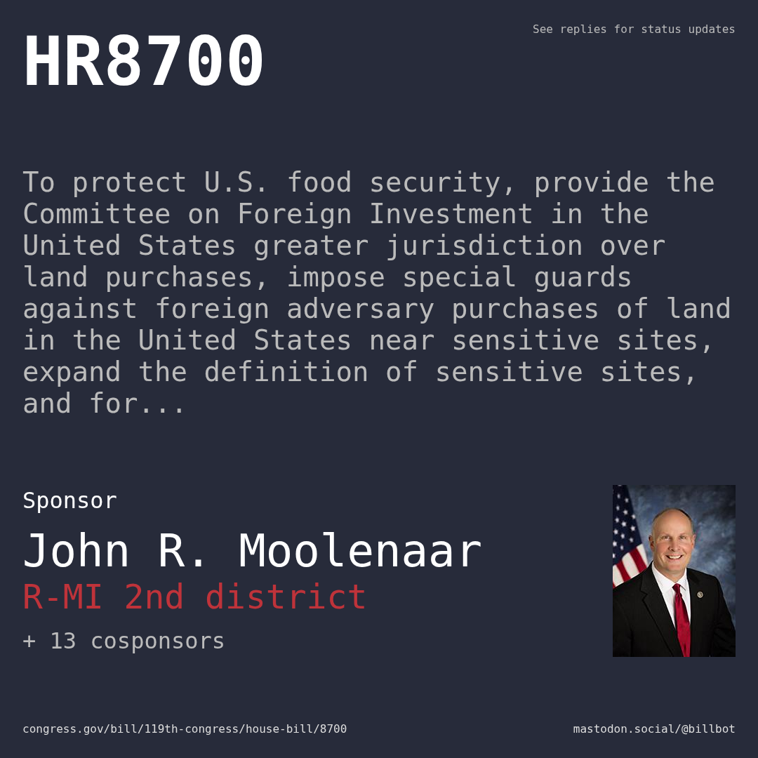 Description of HR8700, and a depiction of its sponsor, John R. Moolenaar.