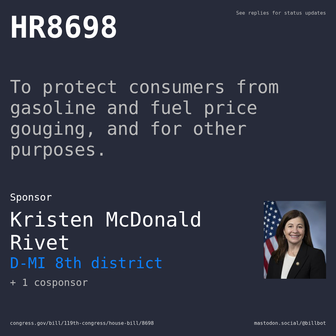 Description of HR8698, and a depiction of its sponsor, Kristen McDonald Rivet.