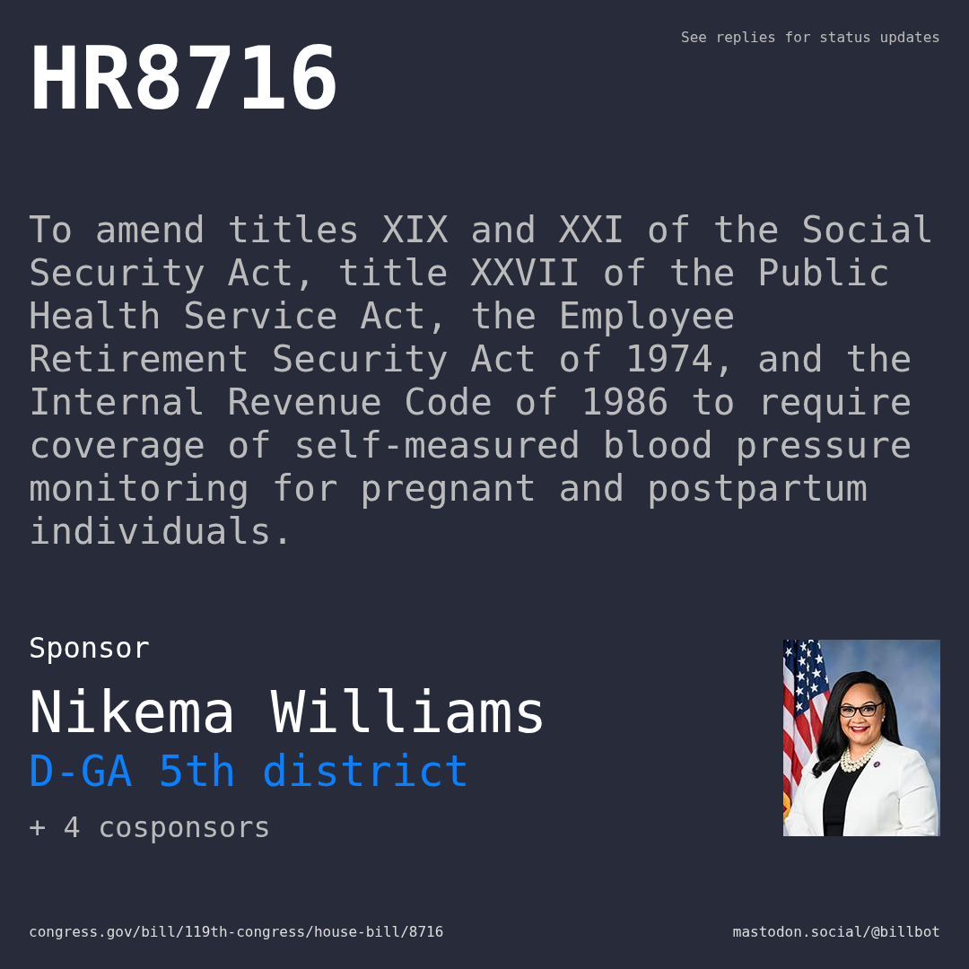 Description of HR8716, and a depiction of its sponsor, Nikema Williams.