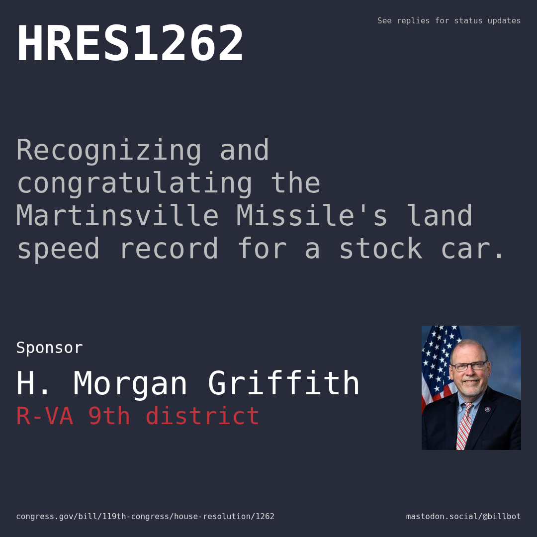 Description of HRES1262, and a depiction of its sponsor, H. Morgan Griffith.