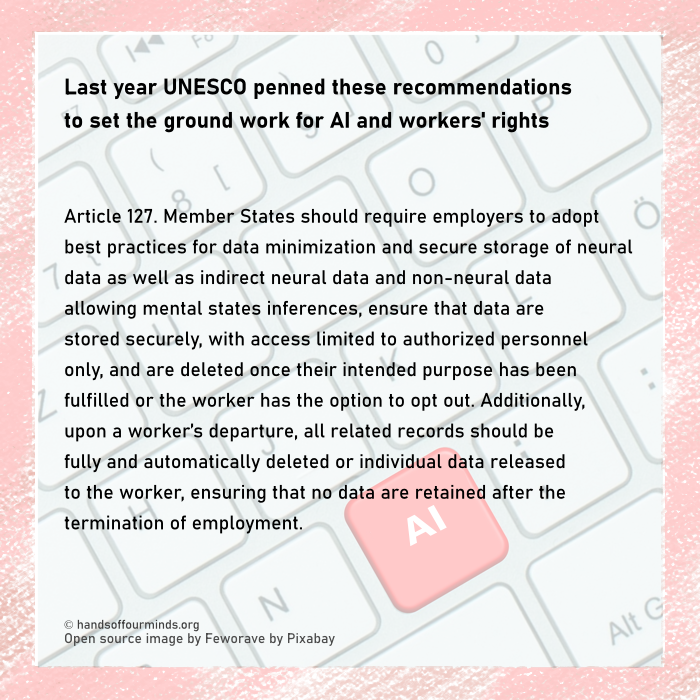 Image describing UNESCO's article 127 setting standards for workers' rights in relation to processing of biometrics and data retention.