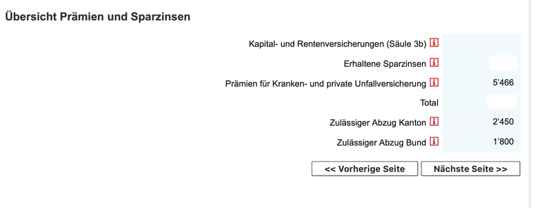 Screenshot Steuererklärung. Zeigt die maximalen Abzüge für Kanton bzw. Bund. Meine Kosten betragen 5'466.