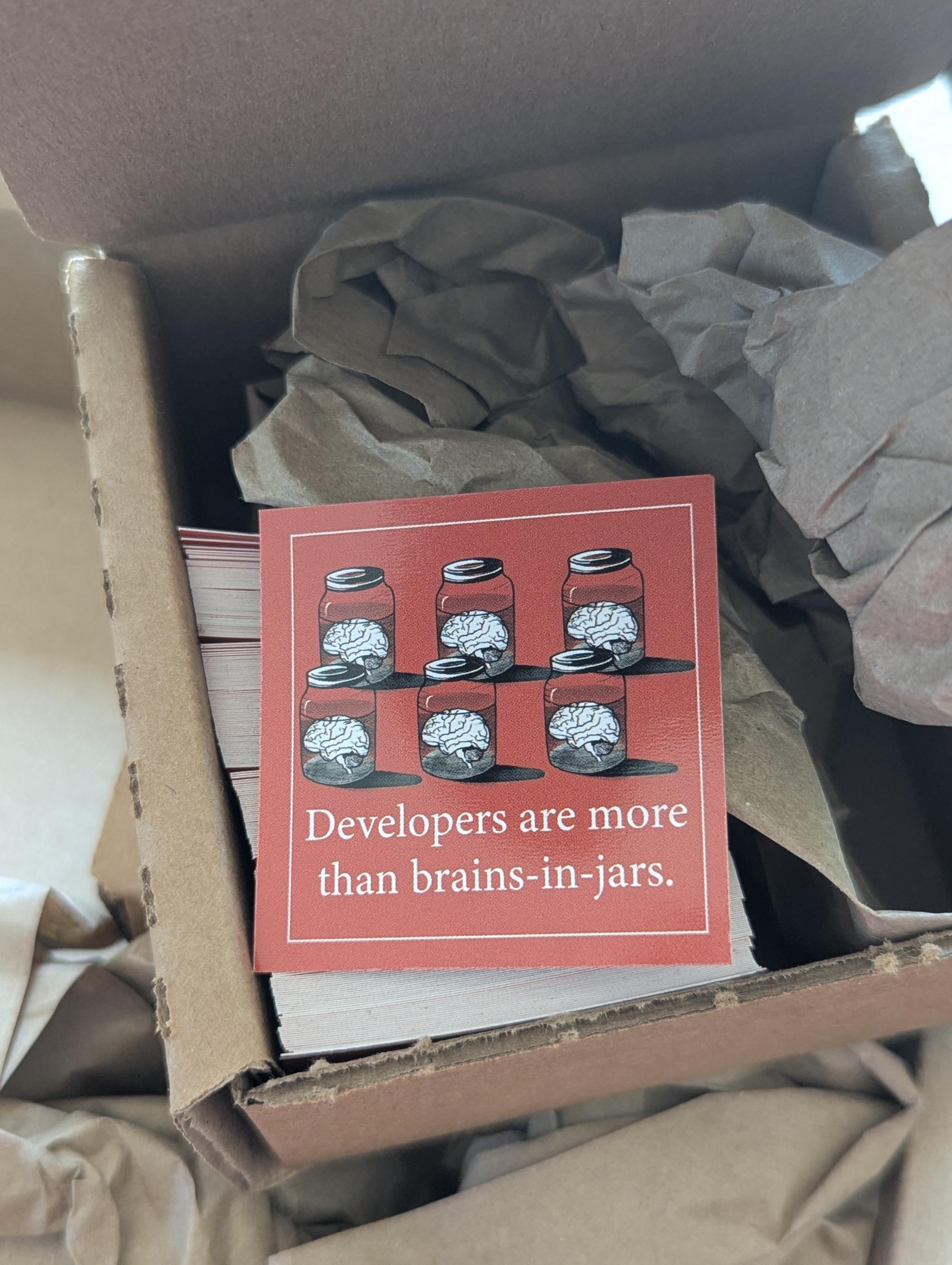 A sticker shows a black and white hand drawn illustration of brains in jars on a terracotta background with white text that reads Developers are more than brains in jars