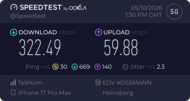 Speedtest zeigt 322,49 Mbit/s Download, 59,88 Mbit/s Upload, 30 ms Ping, 669 ms Jitter auf einem iPhone 17 Pro Max im 5G-Netz.