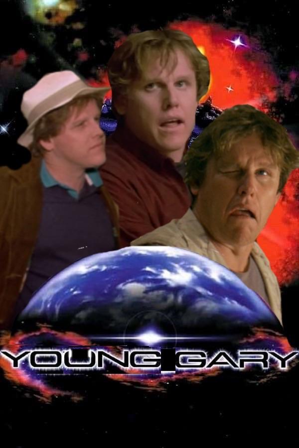 Movie póster Collage featuring multiple images of a man named Gary Busey with blonde hair, displaying various expressions. The background includes a space theme with planets and stars. The text "YOUNG GARY" is prominently displayed at the bottom.