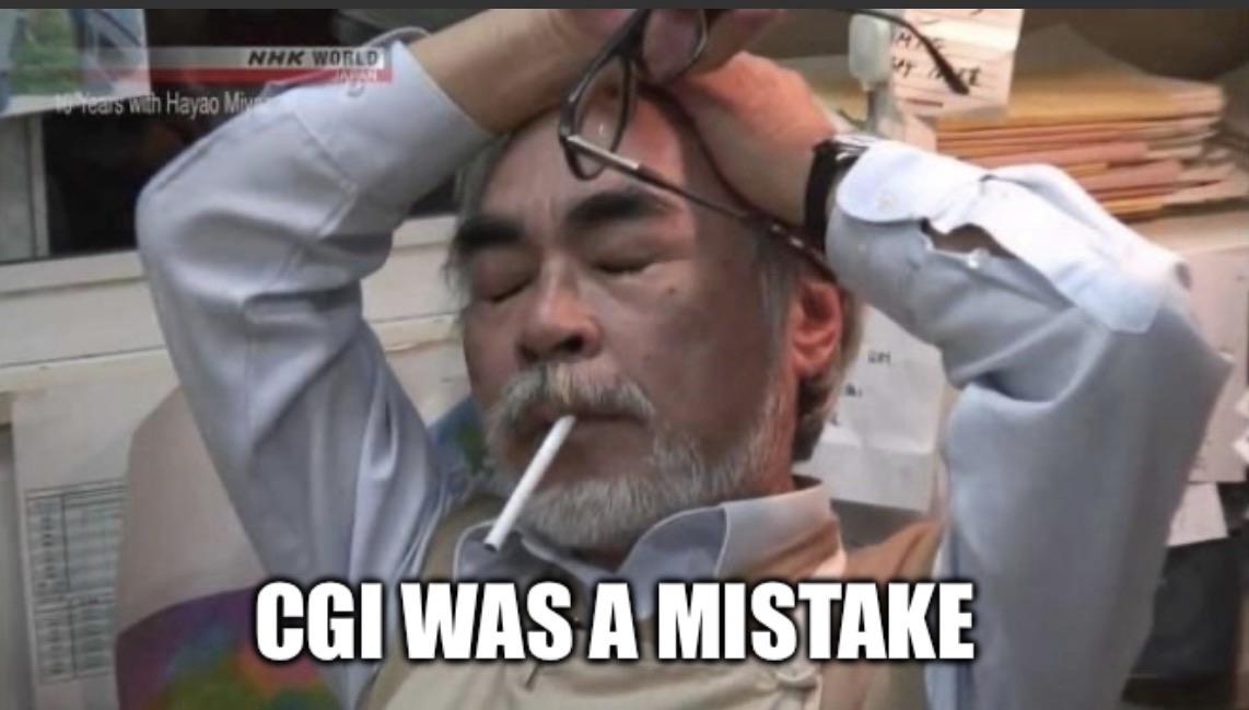 An older man is sitting with his eyes closed, holding his glasses above his head. He has a cigarette in his mouth and appears to be in a contemplative or frustrated state. The text at the bottom reads "CGI WAS A MISTAKE”