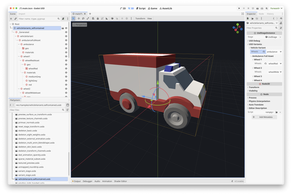 Godot Editor showing USD extension switching variants.