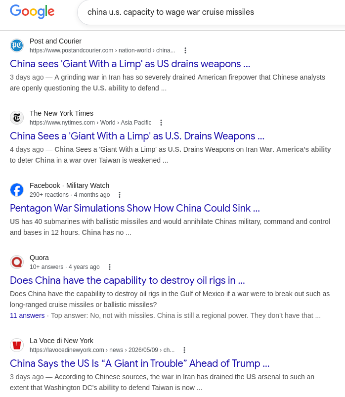 Iran war shows dramatic decline of U.S. imperialism
https://links.org.au/iran-war-shows-dramatic-decline-us-imperialism

Read that & New Yorker article
https://archive.fo/nZXE1

tldr: U.S. massively dependent on complex, very $$ weapons which Trump2 tosses like confetti. Very limited capacity / ability to resupply, despite massive MIC and requested $1.5T to Dept. War complex.

🇨🇳 Chinese literally laughing:

China sees ‘Giant With a Limp’ as U.S.drains weapons stockpile
https://www.postandcourier.com/nation-world/china-sees-giant-with-a-limp-as-us-drains-weapons-stockpile/article_7c8a9522-6007-44b4-ab08-20fa11d05510.html

🇺🇲 #Christofascism #billionaires #capitalism