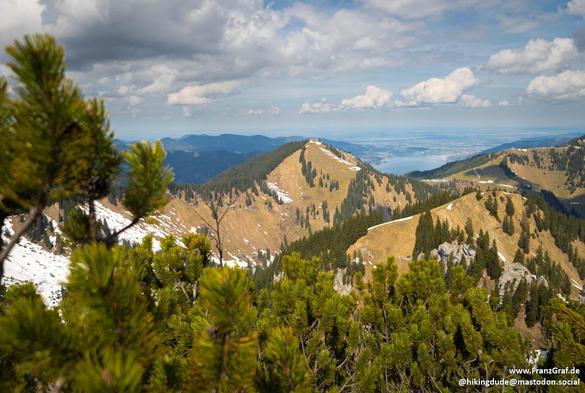 This image captures a stunning and expansive mountain landscape, showcasing the beauty of a high-altitude vista. The foreground is framed by the branches of evergreen trees, their vibrant green needles adding a touch of detail and depth to the scene.

Beyond the trees, the landscape opens up to reveal a series of rolling hills and mountains, their slopes covered in a mix of green vegetation and patches of snow. The contrast between the green and the white adds visual interest and highlights the…