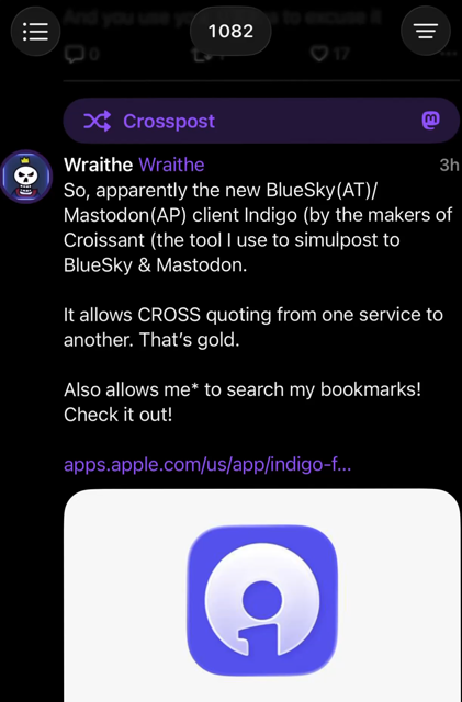 Video clip showing me toggling between the Mastodon, BlueSky and AP bridged versions of a post using Indigo on iOS
