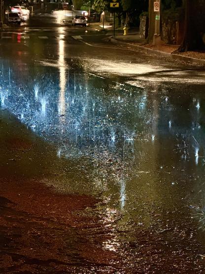 Rain hits the road and is highlighted by the light from a car. Big drops are landing in a river of storm water. I got a little soaked. 