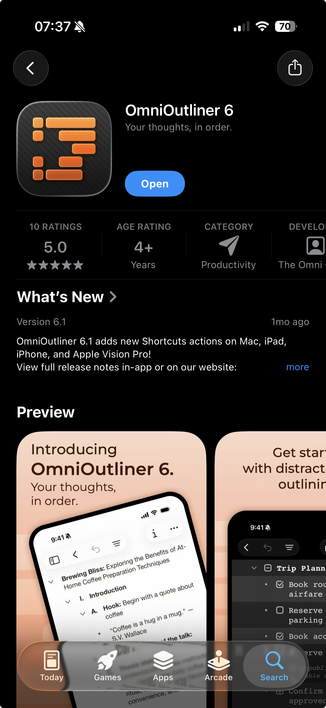 iPhone screenshot of OmniOutliner 6 on the App Store, showing its current 5.0 / 5.0 rating.
