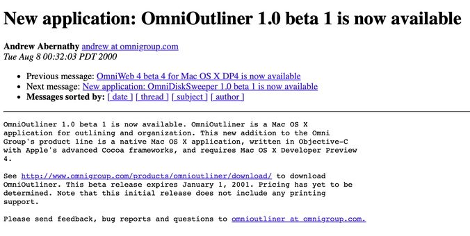 Screenshot of the archived post from August 8, 2000, announcing that OmniOutliner 1.0 beta 1 is now available and explaining that it's a Mac OS X app for outlining and organization, written in Objective C and requiring Mac OS X Developer Preview 4.