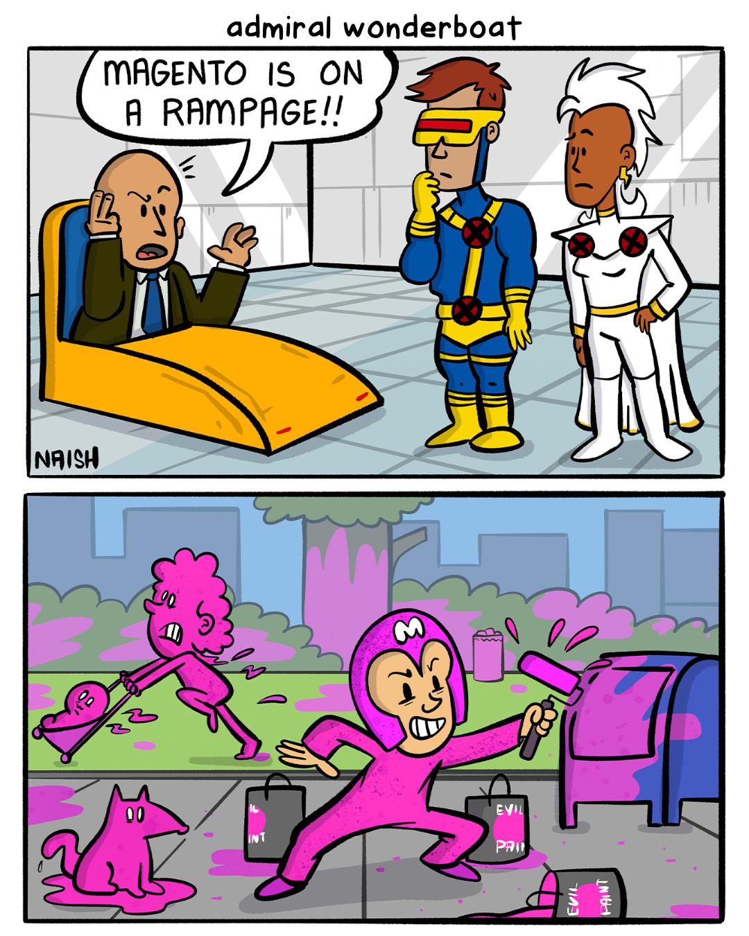 Professor X is in the Danger Room. He's standing with Cyclops and Storm.  Prof. X: Magento is on a rampage!! - A villain, entirely Magenta-coloured, is painting the city: babies, dogs, people, a mail box, a tree.