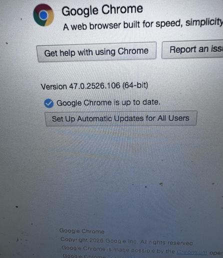 Screenshot of the Google about page saying that “Google Chrome is up-to-date” at version 47
(2026 version of Google Chrome is like 148, so it’s only off by like 100)