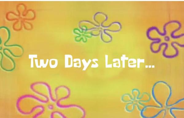 SpongeBob flower themed background card that says “two days later”
From: https://spongebob.gavinr.com/?cmdf=spopngebob+one+later+memee+genreator