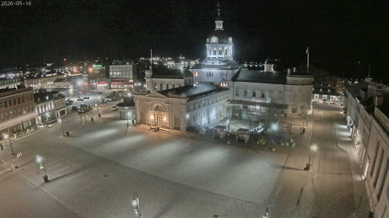 Looking SE from the roof of the British Whig Building looking over King Street, Springer Market Square and City Hall with Lake Ontario in the distance. // Image captured at: 2026-05-16 08:00:02 UTC (about 1 min. prior to this post) // Image sourced from: cityofkingston.ca // Current Temp in Kingston: 48 F | 9 C // Precip: clear sky // Wind: SSW at 9 mph | 15 kph // Humidity: 88%