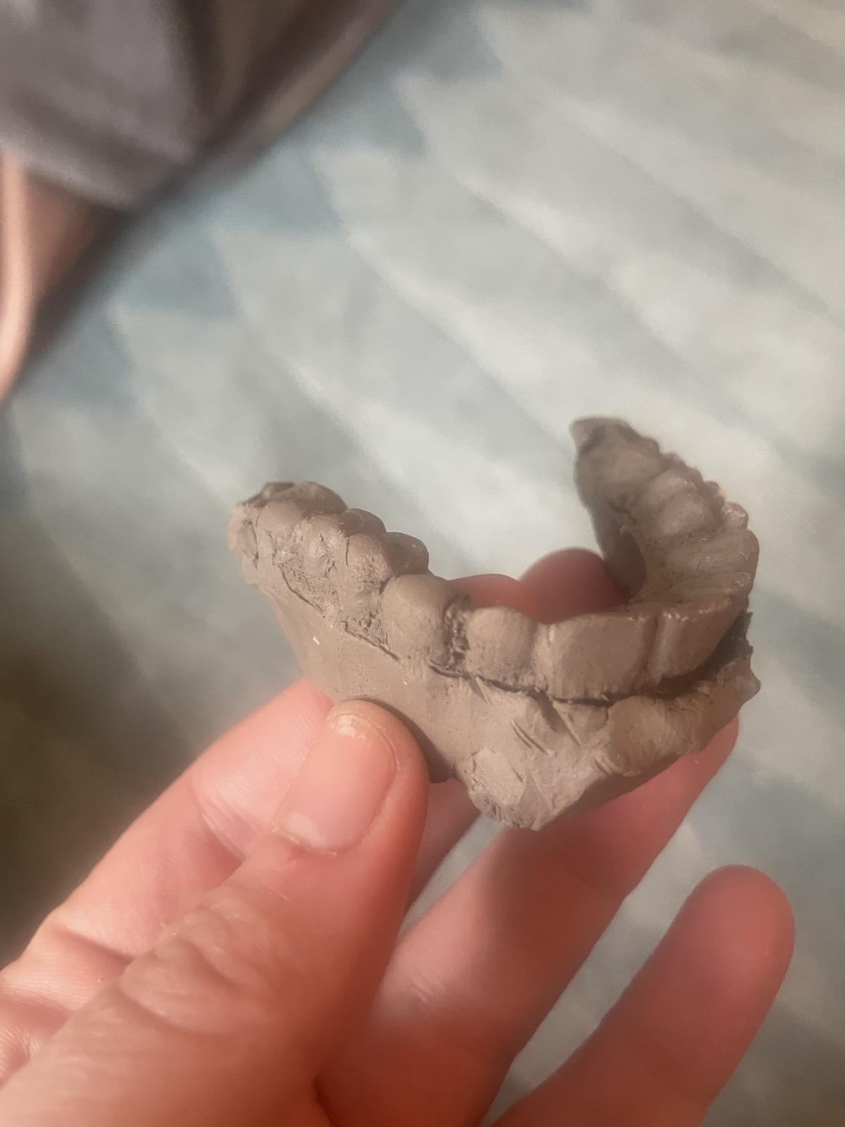 A human hand, holding a moulded bit of grey pottery clay that's been formed to look like human teeth with a little gum/jaw-like ledge beneath them.