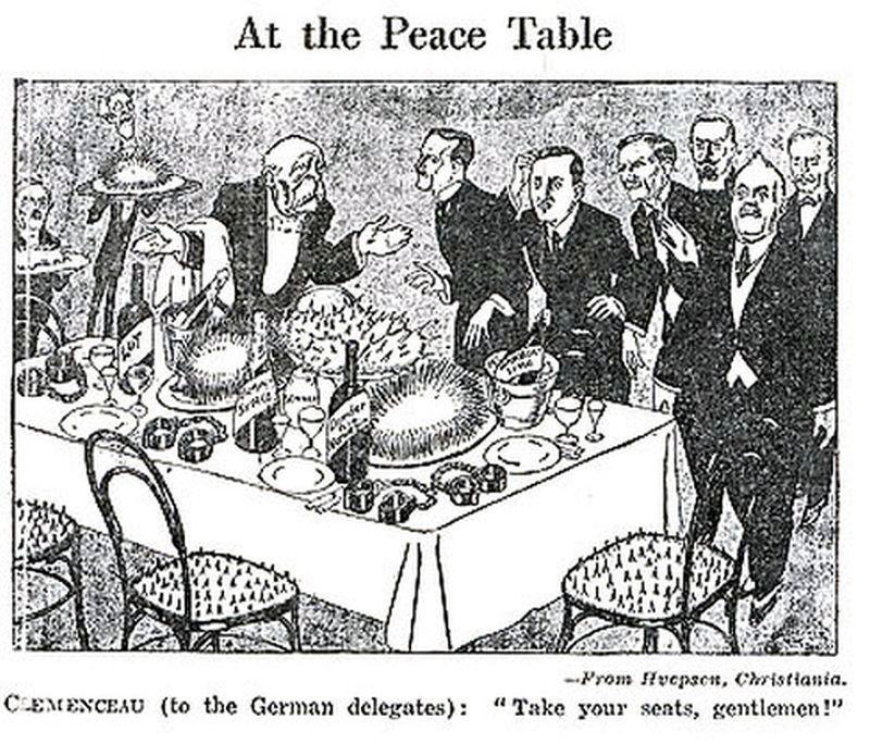 "At the Peace Table. Treaty of Versailles. Clemenceau says, "Take your seats, gentlemen!" The food and chairs look dangerous, and there are handcuffs on the table, worried and suspicious German delegates. It is a political cartoon that appeared in the magazine 'Current History' in 1919 and was drawn by Christina Date (probably)" - picryl.com 