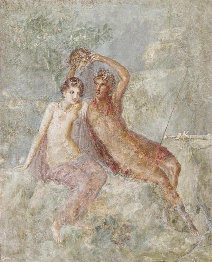 Fresco of Perseus and his wife Andromeda. Perseus holds up Medusa's head so Andromeda may safely see its reflection in the pool below. It's from Pompeii and thus dated to the 1st century CE.