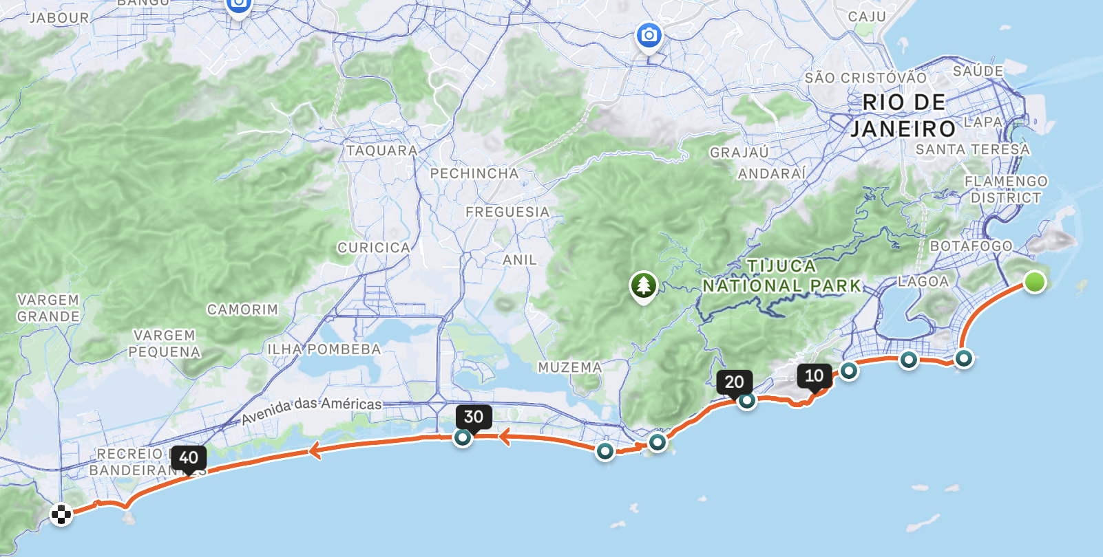 Screen capture of a bike route in Rio de Janeiro, from Leme to Pontal, approximately 45 km long