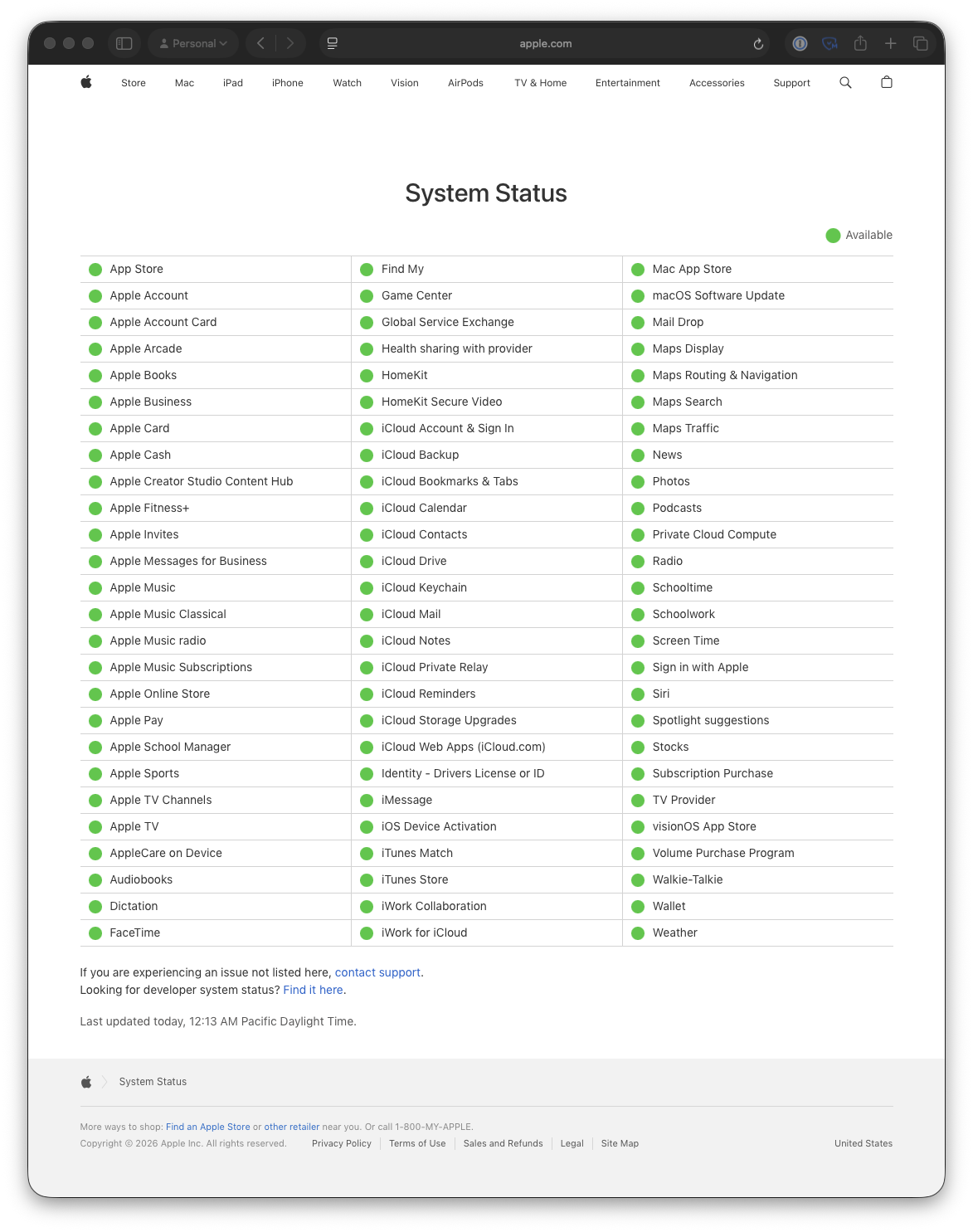 A screenshot of the Apple System Status web page with dozens of little service status circles, all green