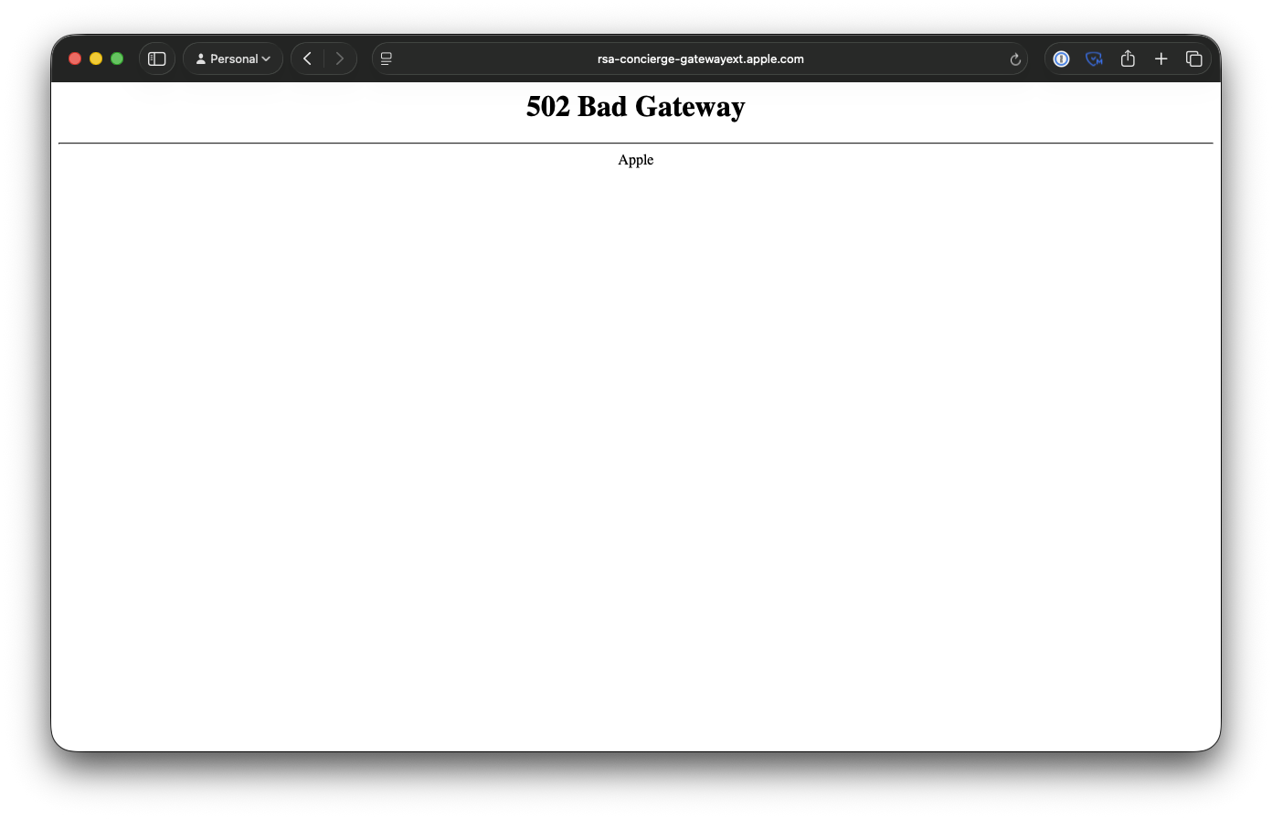 A screenshot of a web browser displaying "rsa-concierge-gatewayext.apple.com" which shows a very simple black-on-white "502 Bad Gateway — Apple" error message.