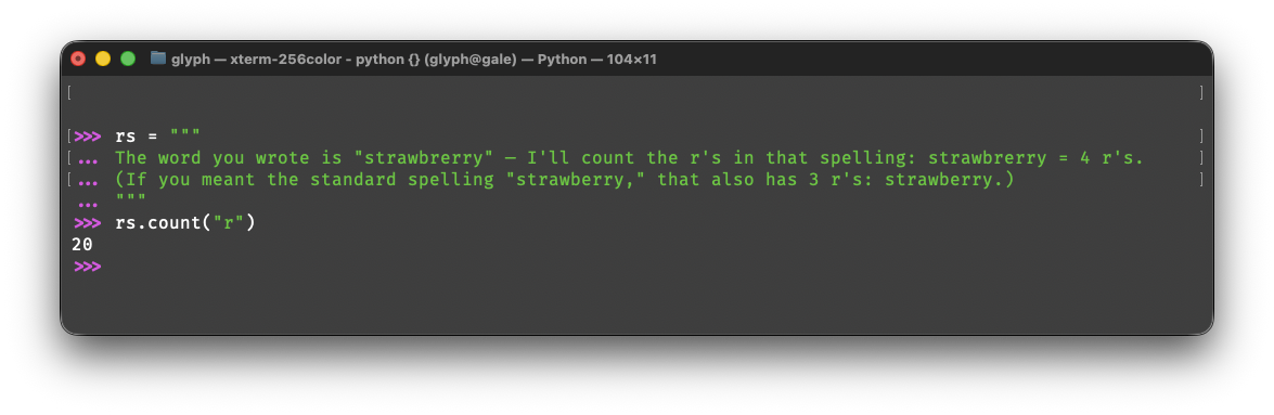 an interactive python prompt counting the "r"s from the previous screenshot in the thread