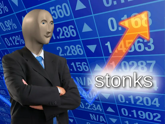 The "stonks" meme featuring the Meme Man, who looks just like the Deal man but is 3D rendered rather than stone, and wearing a suit.