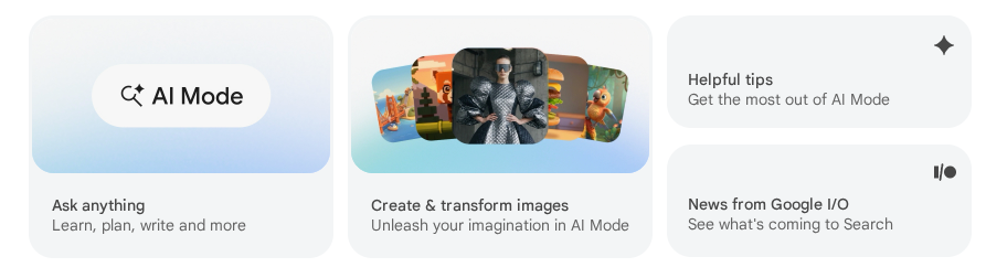 A selection of ads for google's "ai mode", all placed below the search bar as if anyone actually cares about this garbage