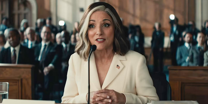 Valentina Allegra de Fontaine testifying before Congress in the movie Thunderbolts*, speaking into a mic, looking in a similar direction, and also featuring white highlights like her twin Tulsi Gabbard