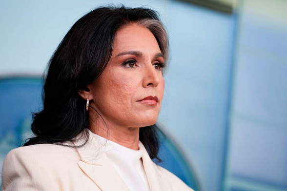 Then Director of National Intelligence Tulsi Gabbard looks on during a press briefing at the White House on July 23, 2025