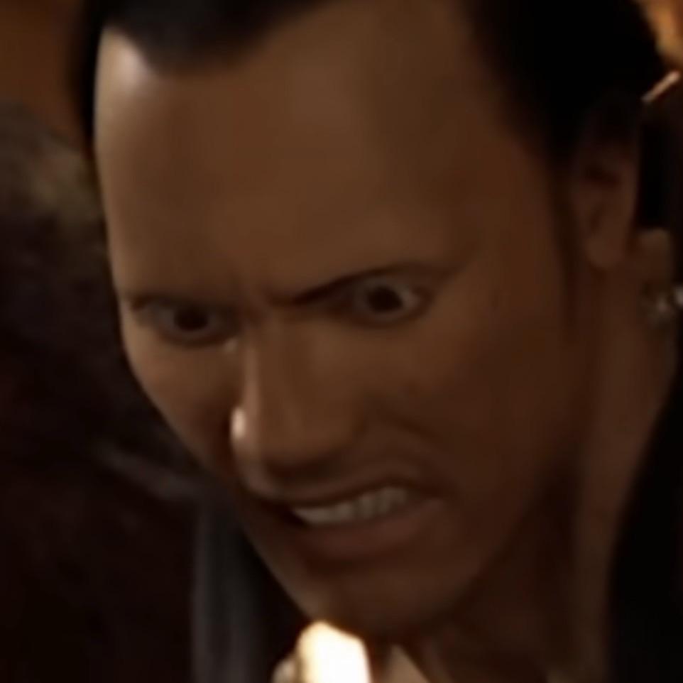 A poorly rendered CGI face of Dwayne The Rock Johnson as the Scorpion King grimacing. 